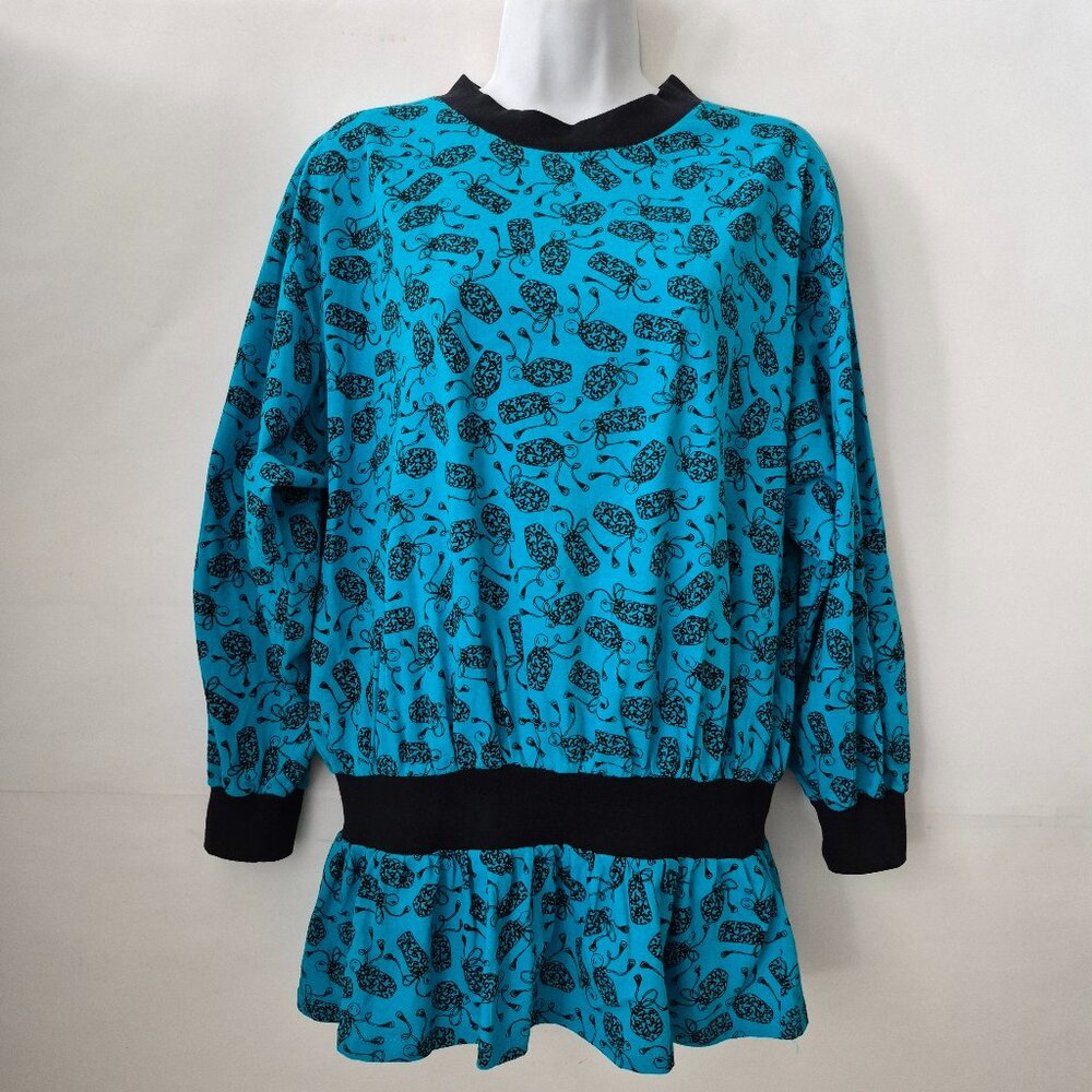 Vtg Earth Angels Womens M Cotton Drop Waist Long Sleeve Perfume Bottle Blue Top